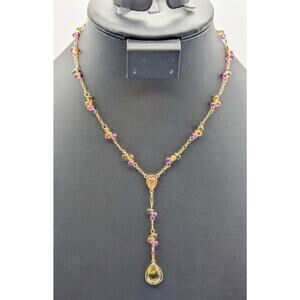 Gold Tone Purple Green Gold Glass Teardrop Bead Y Dangle 16.5" Necklace